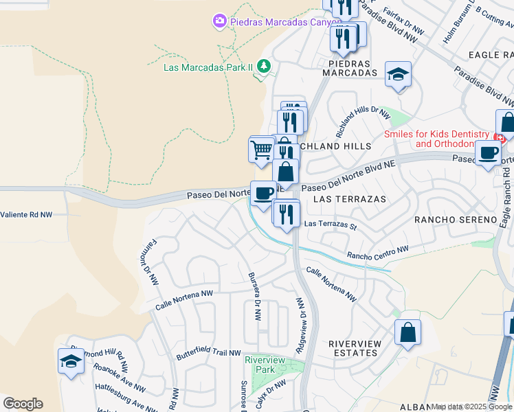 map of restaurants, bars, coffee shops, grocery stores, and more near 8301 Golf Course Road Northwest in Albuquerque