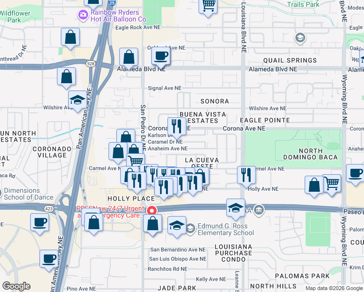 map of restaurants, bars, coffee shops, grocery stores, and more near 6602 Karlson Drive Northeast in Albuquerque