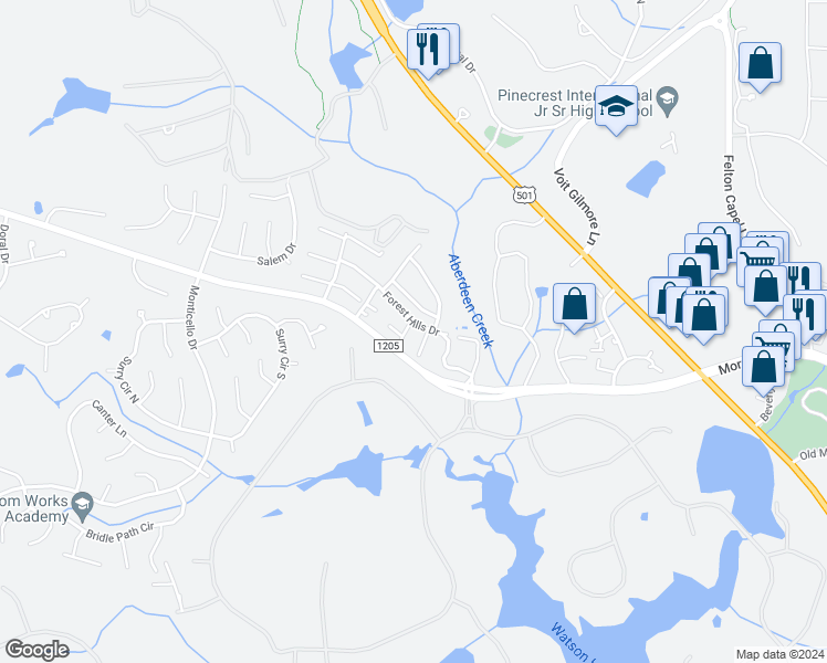 map of restaurants, bars, coffee shops, grocery stores, and more near 133 Forest Hills Drive in Pinehurst