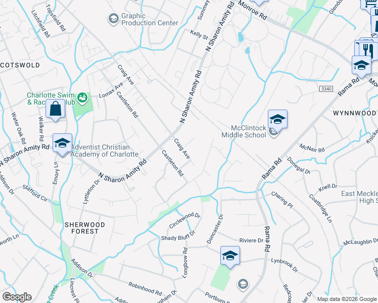 map of restaurants, bars, coffee shops, grocery stores, and more near 4543 Craig Avenue in Charlotte