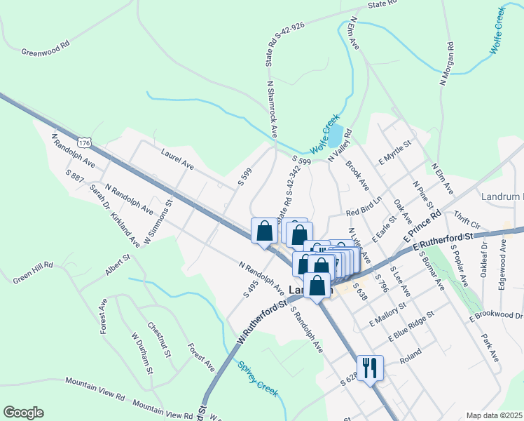 map of restaurants, bars, coffee shops, grocery stores, and more near 620 North Shamrock Avenue in Landrum
