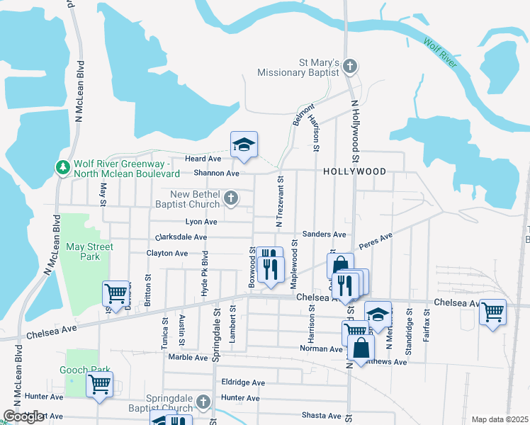 map of restaurants, bars, coffee shops, grocery stores, and more near 1583 North Trezevant Street in Memphis