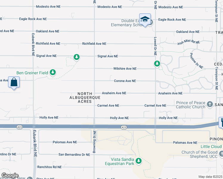 map of restaurants, bars, coffee shops, grocery stores, and more near 11304 Corona Avenue Northeast in Albuquerque