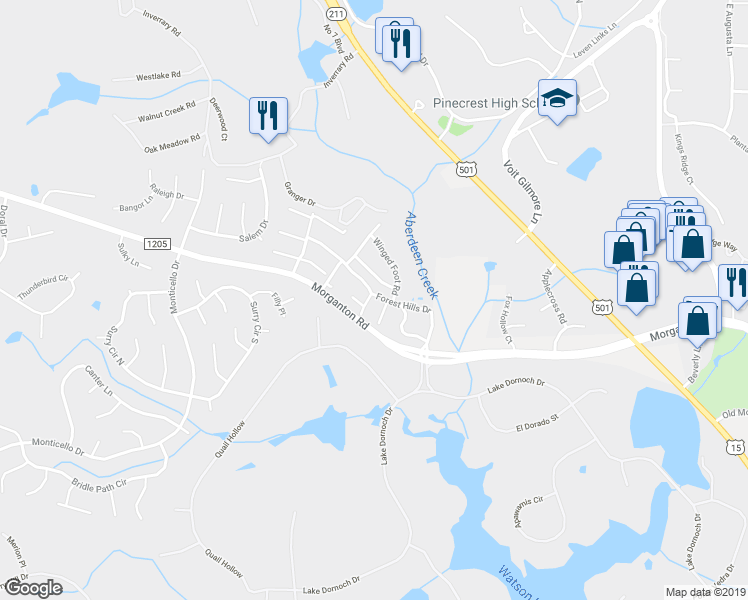 map of restaurants, bars, coffee shops, grocery stores, and more near 133 Forest Hills Drive in Pinehurst