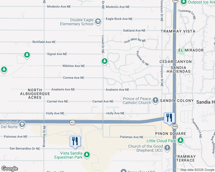 map of restaurants, bars, coffee shops, grocery stores, and more near 11930 Coral Dawn Road in Albuquerque