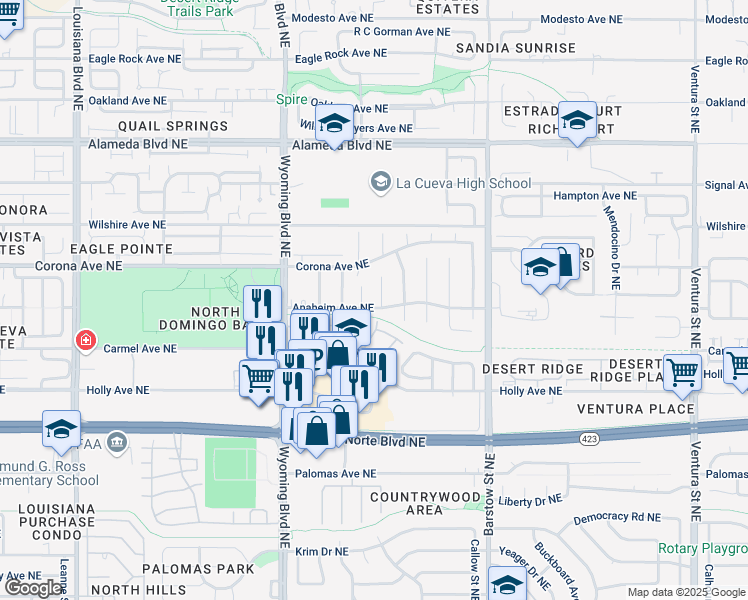 map of restaurants, bars, coffee shops, grocery stores, and more near 8420 Gordon Snidow Court Northeast in Albuquerque