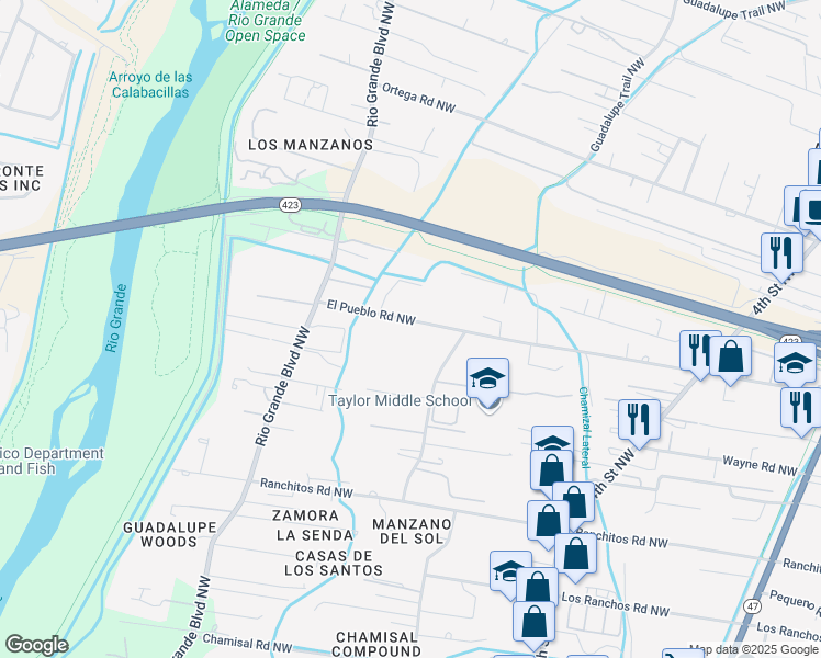 map of restaurants, bars, coffee shops, grocery stores, and more near 1039 El Pueblo Road Northwest in Los Ranchos de Albuquerque