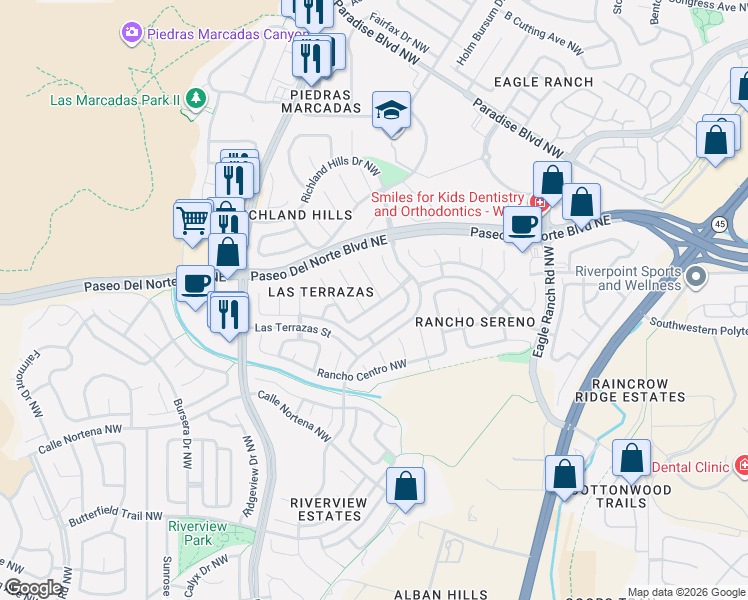 map of restaurants, bars, coffee shops, grocery stores, and more near 8405 Calle Primera Northwest in Albuquerque