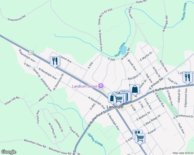 map of restaurants, bars, coffee shops, grocery stores, and more near 620 North Shamrock Avenue in Landrum