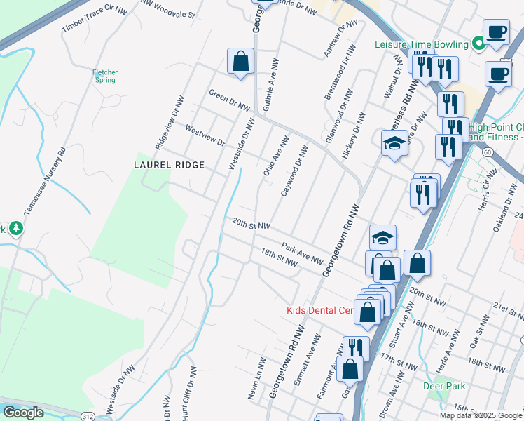 map of restaurants, bars, coffee shops, grocery stores, and more near 1901 Ohio Avenue Northwest in Cleveland