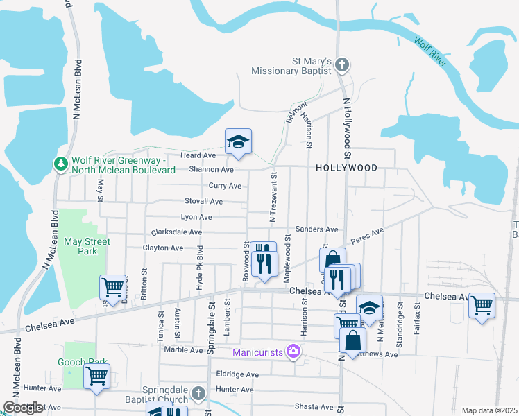 map of restaurants, bars, coffee shops, grocery stores, and more near 1583 North Trezevant Street in Memphis