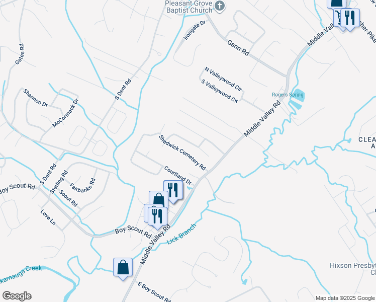 map of restaurants, bars, coffee shops, grocery stores, and more near 1621 Shadwick Cemetery Road in Middle Valley