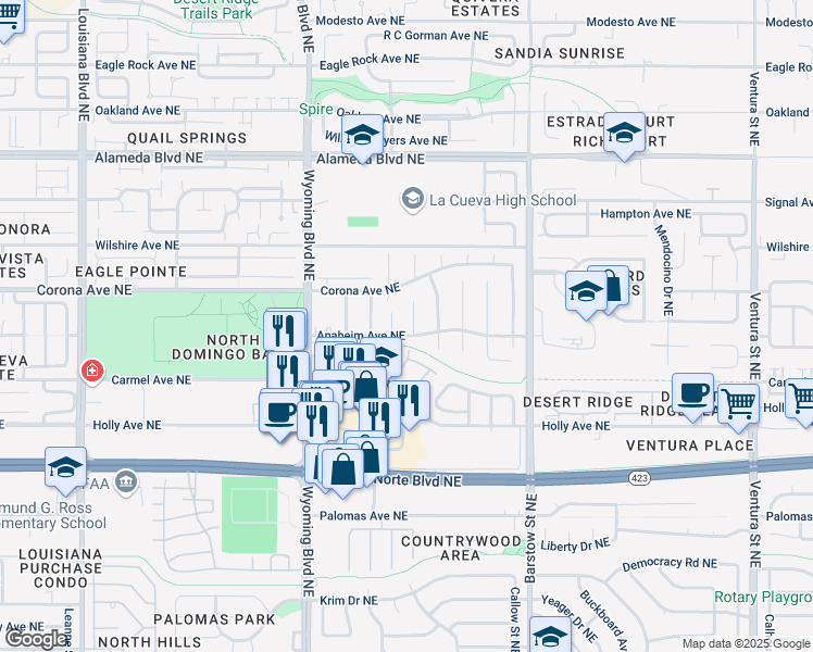 map of restaurants, bars, coffee shops, grocery stores, and more near 8420 Gordon Snidow Court Northeast in Albuquerque