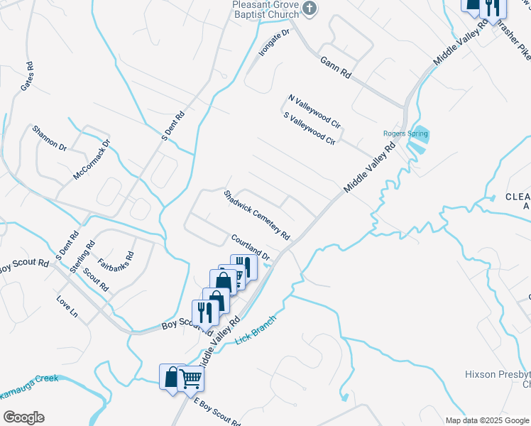 map of restaurants, bars, coffee shops, grocery stores, and more near 1621 Shadwick Cemetery Road in Middle Valley