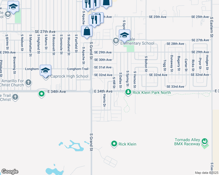 map of restaurants, bars, coffee shops, grocery stores, and more near 3307 Harris Drive in Amarillo