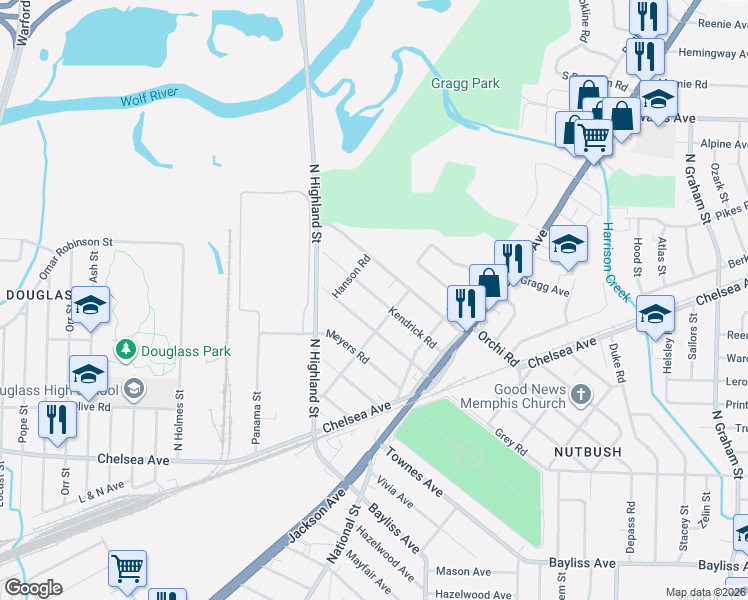 map of restaurants, bars, coffee shops, grocery stores, and more near 3550 Kendrick Road in Memphis