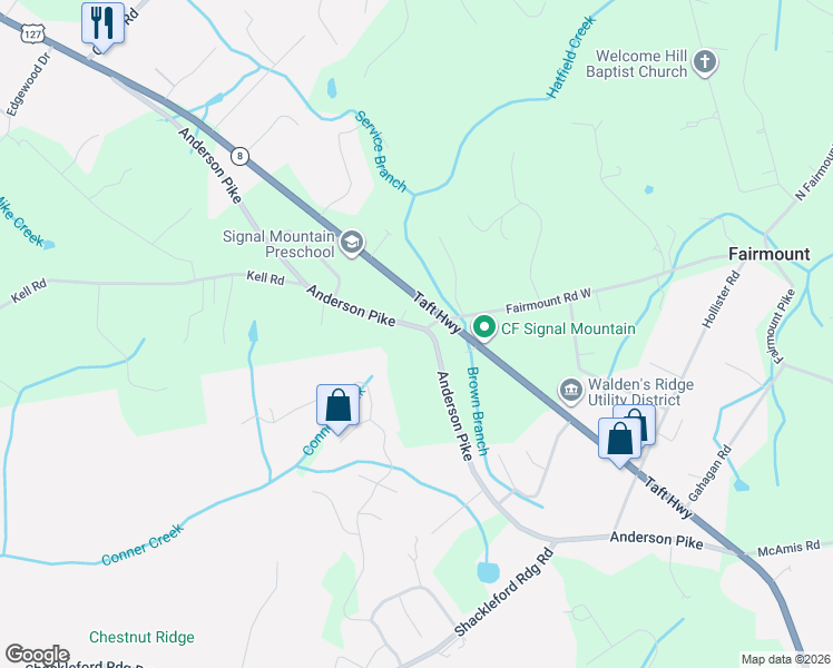map of restaurants, bars, coffee shops, grocery stores, and more near 4303 Anderson Pike in Signal Mountain