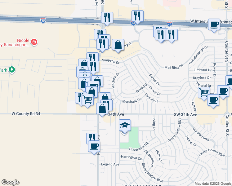 map of restaurants, bars, coffee shops, grocery stores, and more near 7935 Mitcham Drive in Amarillo
