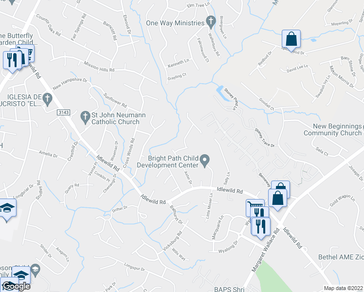 map of restaurants, bars, coffee shops, grocery stores, and more near 9219 Goldenrod Lane in Charlotte
