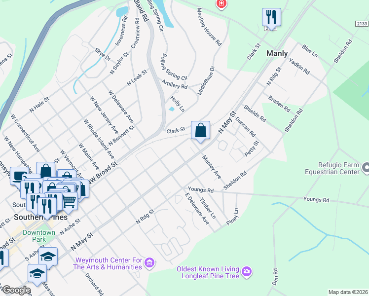map of restaurants, bars, coffee shops, grocery stores, and more near 920 North Ashe Street in Southern Pines
