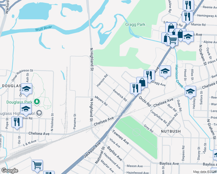 map of restaurants, bars, coffee shops, grocery stores, and more near 3550 Kendrick Road in Memphis