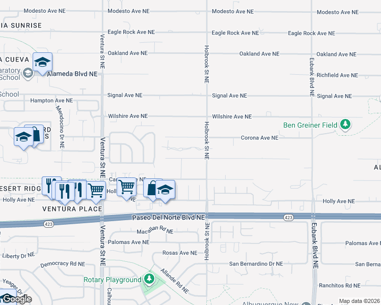 map of restaurants, bars, coffee shops, grocery stores, and more near 9504 Del Arroyo Avenue Northeast in Albuquerque