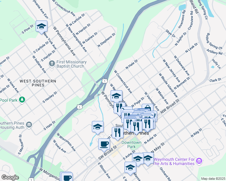 map of restaurants, bars, coffee shops, grocery stores, and more near 510 West New Hampshire Avenue in Southern Pines