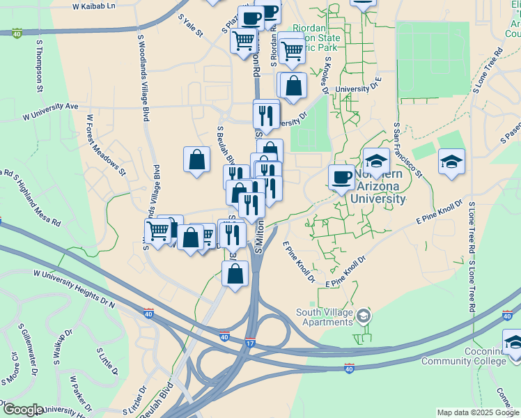 map of restaurants, bars, coffee shops, grocery stores, and more near Interstate 17 in Flagstaff