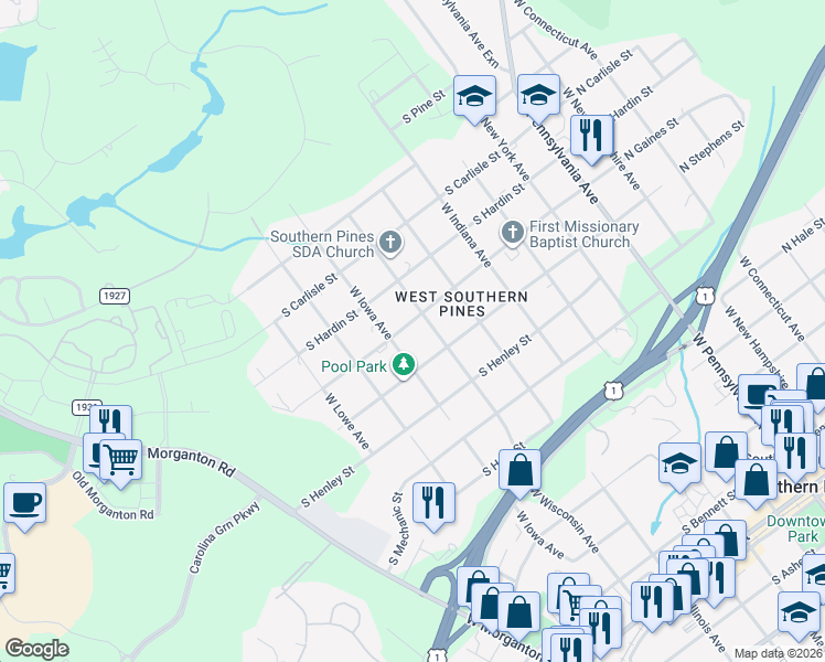 map of restaurants, bars, coffee shops, grocery stores, and more near 583 South Gaines Street in Southern Pines