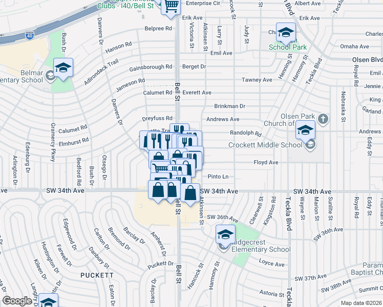 map of restaurants, bars, coffee shops, grocery stores, and more near 3114 Amberwood Lane in Amarillo