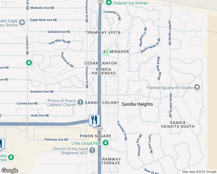 map of restaurants, bars, coffee shops, grocery stores, and more near 789 Tramway Place Northeast in Albuquerque