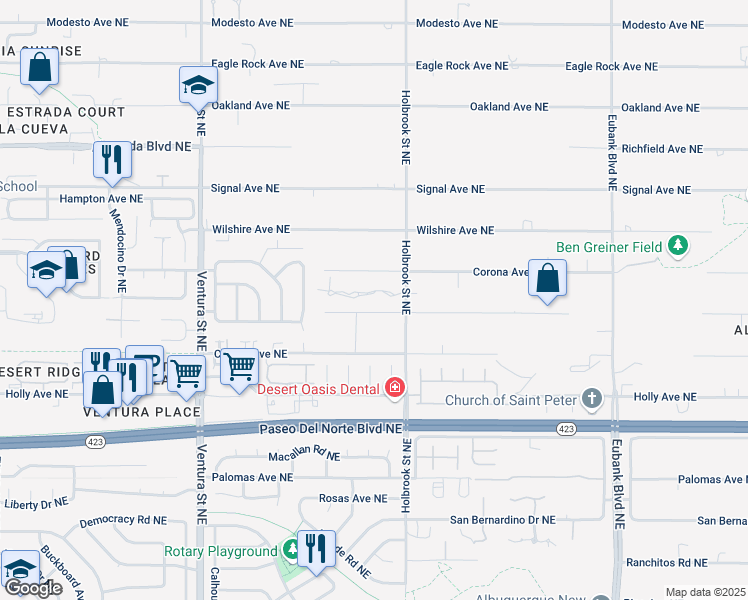 map of restaurants, bars, coffee shops, grocery stores, and more near 9504 Del Arroyo Avenue Northeast in Albuquerque