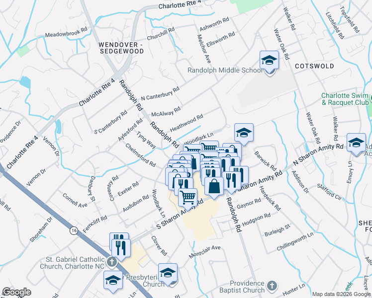 map of restaurants, bars, coffee shops, grocery stores, and more near 4219 Woodlark Lane in Charlotte
