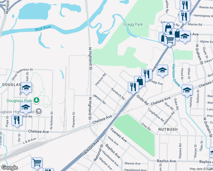 map of restaurants, bars, coffee shops, grocery stores, and more near 3550 Kendrick Road in Memphis