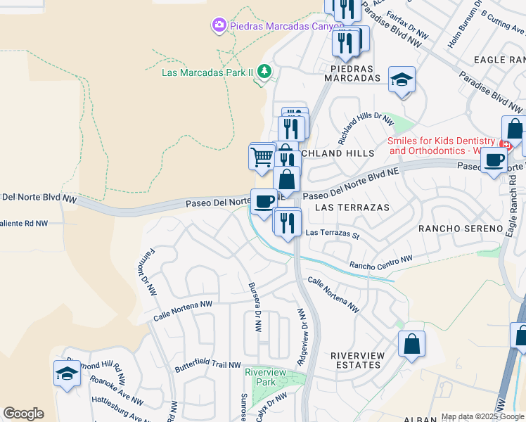 map of restaurants, bars, coffee shops, grocery stores, and more near 8301 Golf Course Road Northwest in Albuquerque