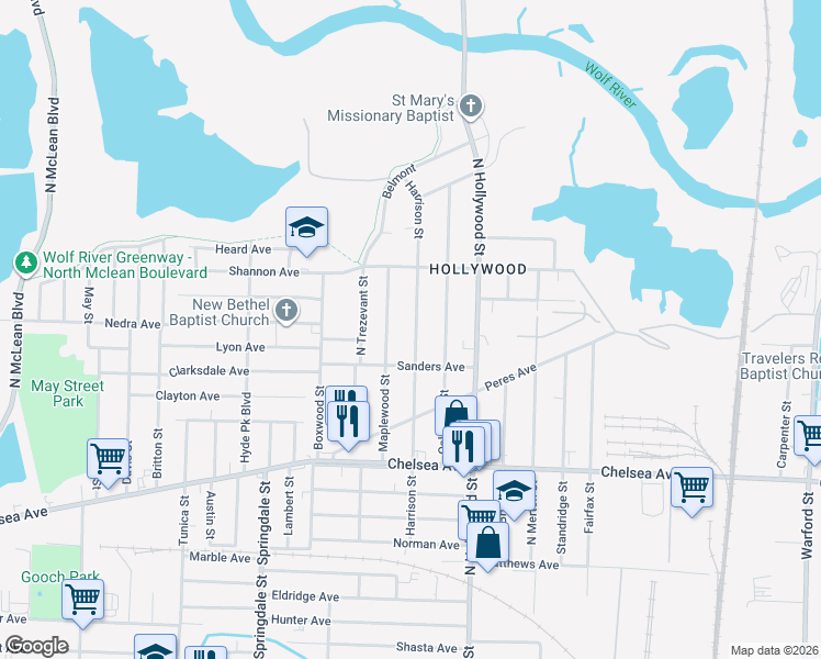 map of restaurants, bars, coffee shops, grocery stores, and more near 1590 Harrison Street in Memphis