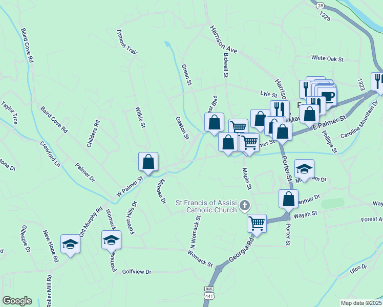 map of restaurants, bars, coffee shops, grocery stores, and more near 654 West Main Street in Franklin