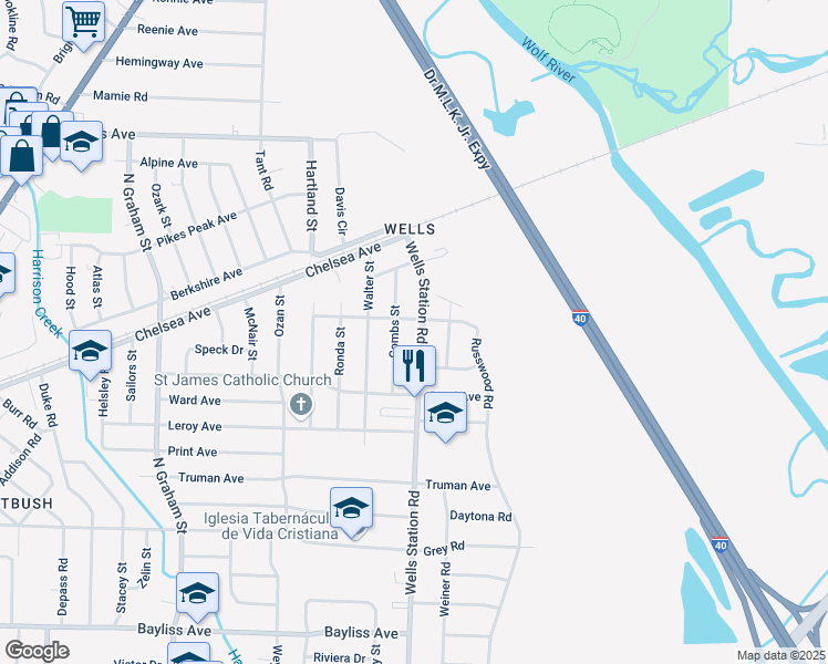 map of restaurants, bars, coffee shops, grocery stores, and more near 1721 Wells Station Road in Memphis