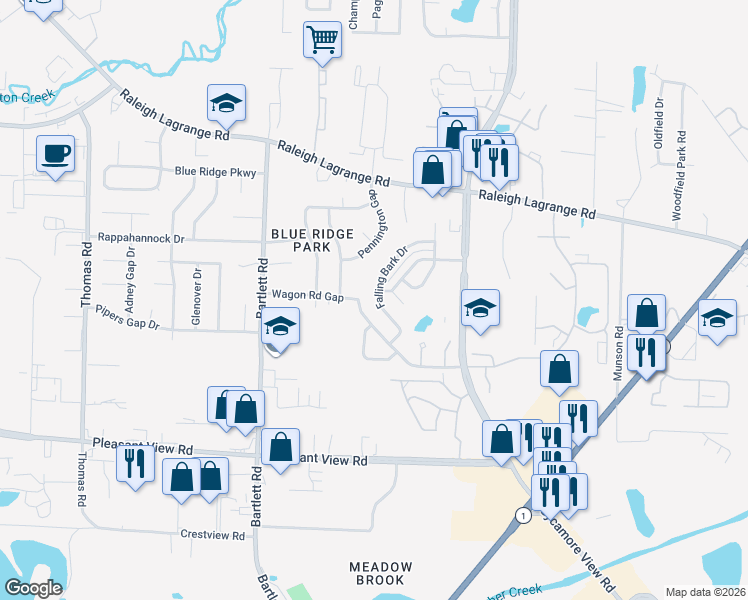map of restaurants, bars, coffee shops, grocery stores, and more near 5592 Falling Bark Drive in Memphis