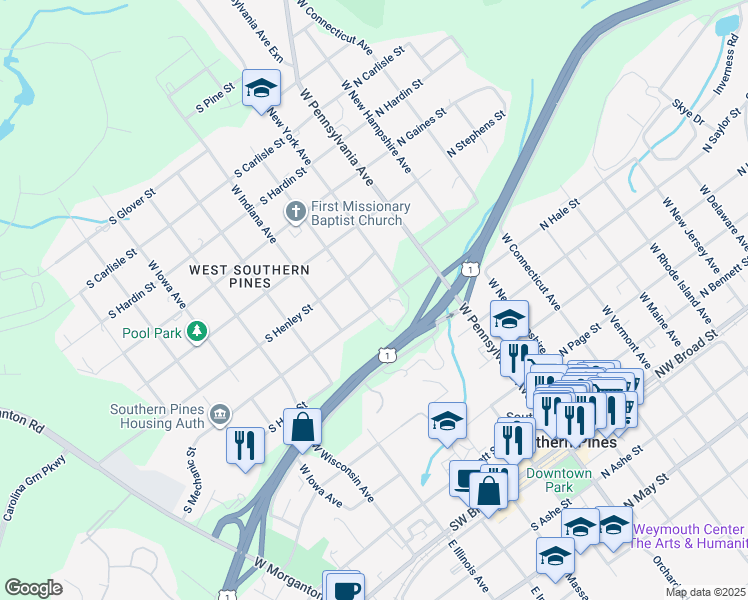 map of restaurants, bars, coffee shops, grocery stores, and more near 290 South Mechanic Street in Southern Pines