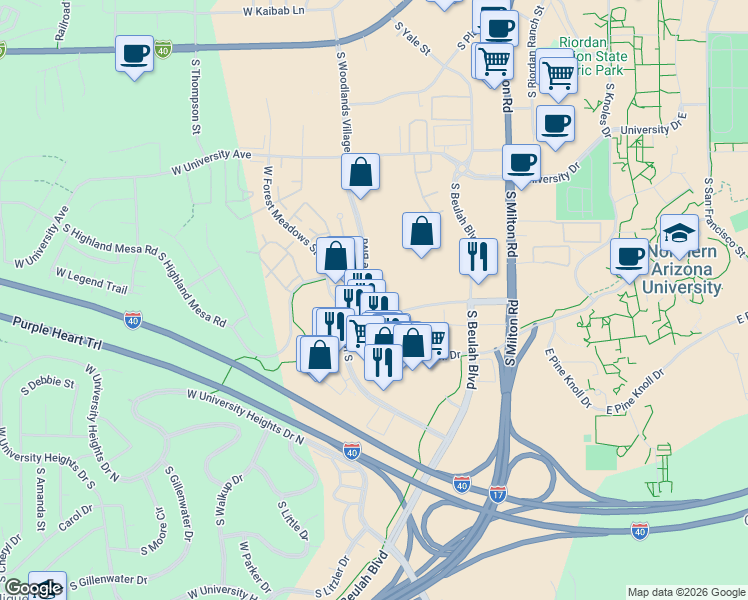 map of restaurants, bars, coffee shops, grocery stores, and more near 800 West Forest Meadows Street in Flagstaff