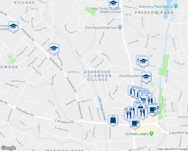 map of restaurants, bars, coffee shops, grocery stores, and more near Heather Ln & Paddock Cir in Charlotte