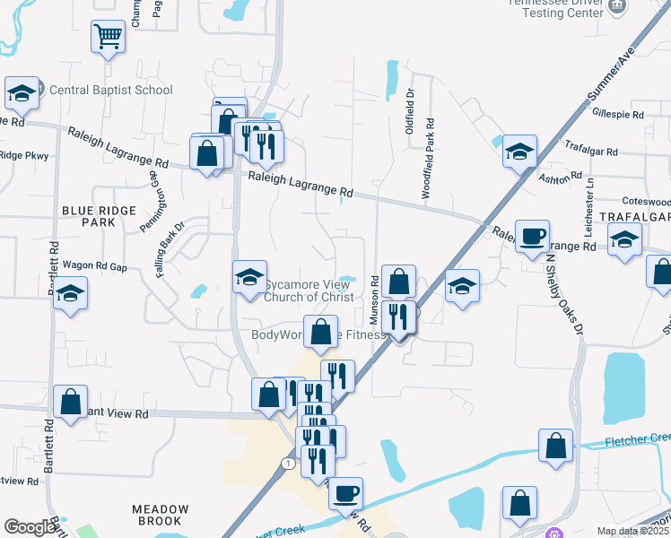 map of restaurants, bars, coffee shops, grocery stores, and more near 1970 Sycamore Heights Lane in Memphis