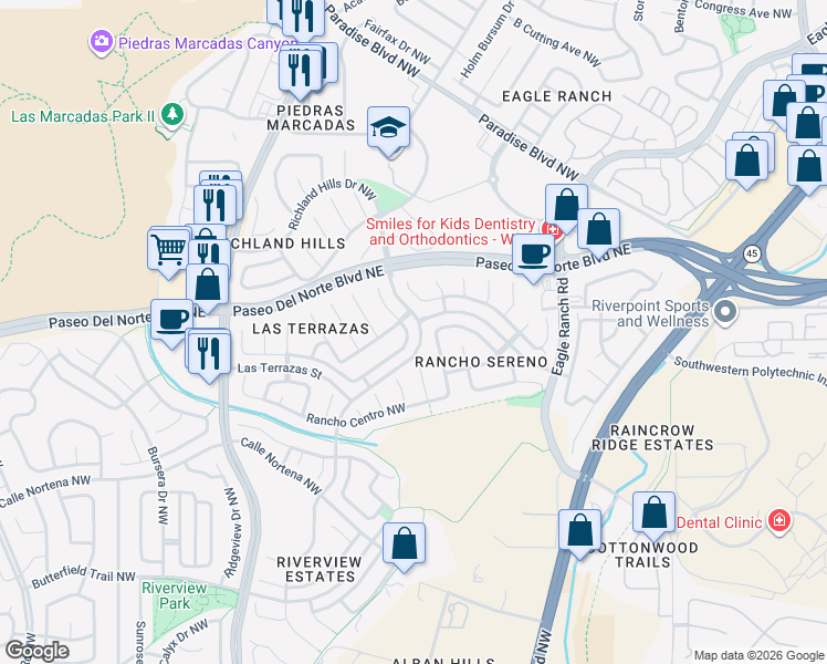 map of restaurants, bars, coffee shops, grocery stores, and more near in Albuquerque