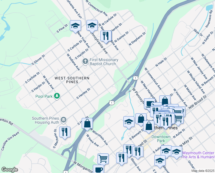 map of restaurants, bars, coffee shops, grocery stores, and more near 290 South Mechanic Street in Southern Pines