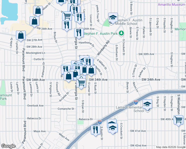 map of restaurants, bars, coffee shops, grocery stores, and more near 3206 South Rusk Street in Amarillo