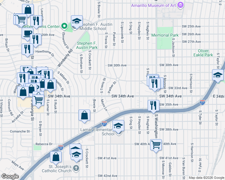 map of restaurants, bars, coffee shops, grocery stores, and more near 3201-3205 Parker Street in Amarillo