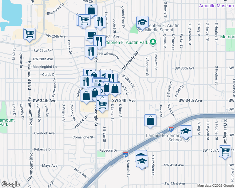 map of restaurants, bars, coffee shops, grocery stores, and more near 3206 South Rusk Street in Amarillo