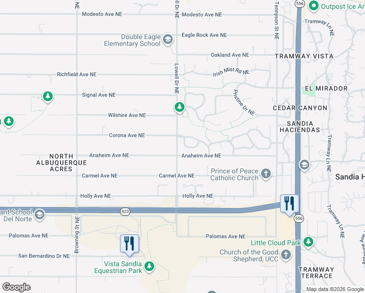map of restaurants, bars, coffee shops, grocery stores, and more near 11930 Coral Dawn Road in Albuquerque