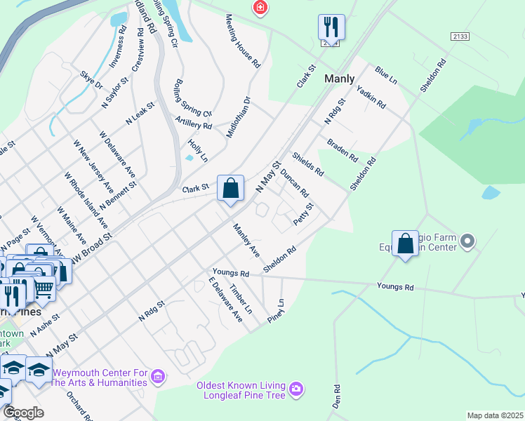 map of restaurants, bars, coffee shops, grocery stores, and more near 125 Pinebranch Court in Southern Pines